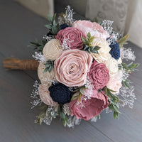 Blush, Pinkish Mauve, and Ivory with Navy Accents Bouquet with Baby's Breath and Greenery