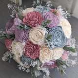Pinkish Mauve, Dusty Blue, Lilac, and Ivory Bouquet with Baby's Breath and Greenery