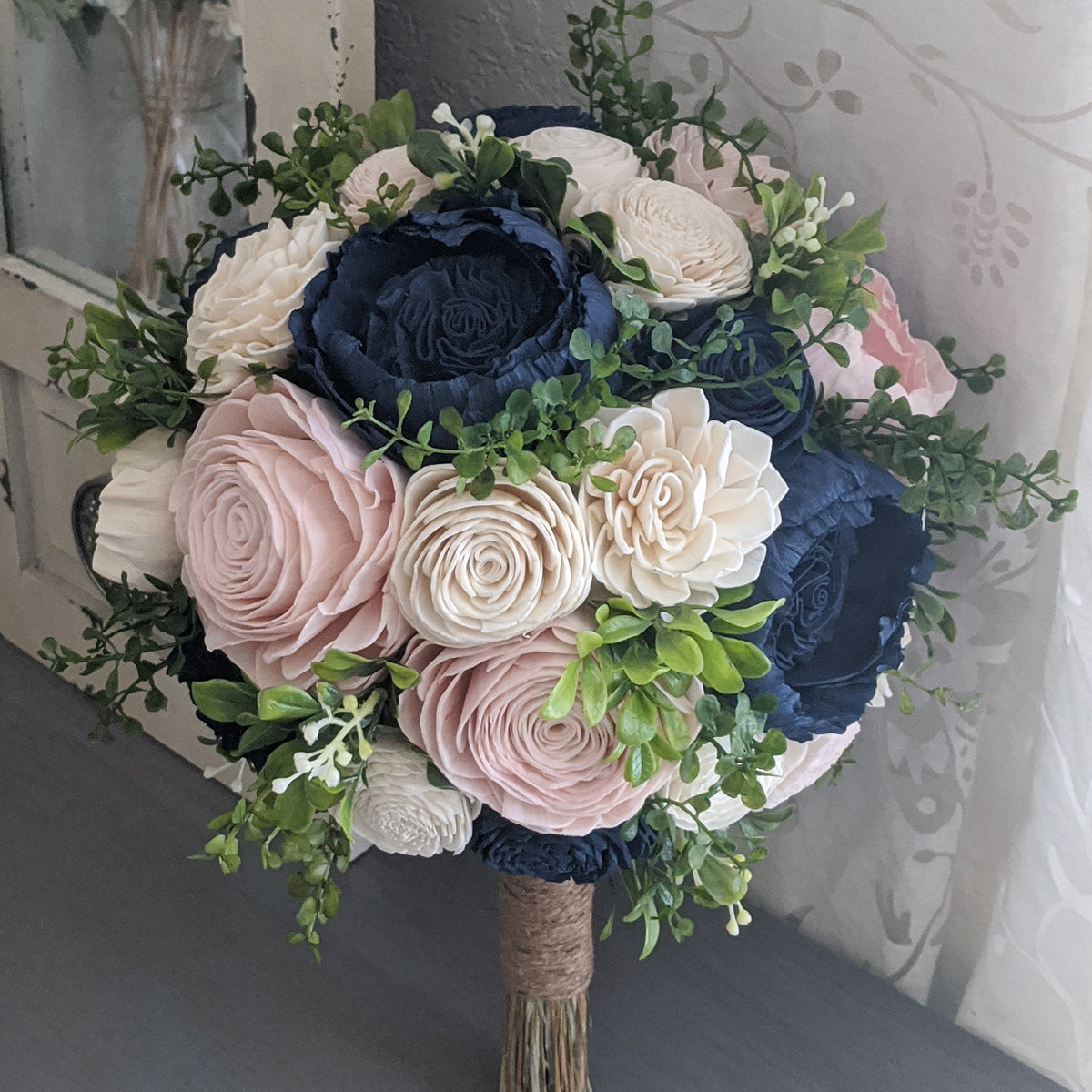 Navy, Blush, and Ivory Bouquet with Mixed Greenery – Secondhand Stardust