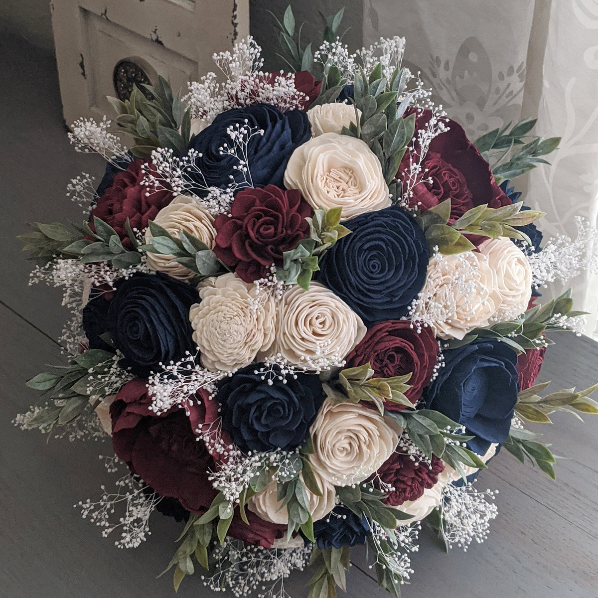 Navy, Burgundy, and Ivory Bouquet with Baby's Breath and Greenery ...