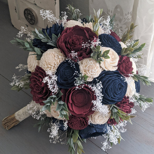 Navy, Burgundy, and Ivory Bouquet with Baby's Breath and Greenery