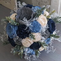 Steel Blue, Charcoal, Navy, and Ivory Bouquet with Baby's Breath and Greenery