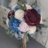 Steel Blue, Burgundy, Blush, and Ivory Bouquet with Baby's Breath and Greenery
