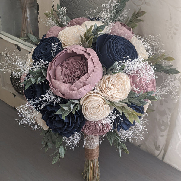 Navy, Rose Quartz, and Ivory Bouquet with Baby's Breath and Greenery