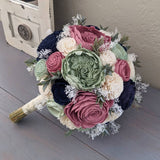Sage, Navy, Pinkish Mauve and Ivory Bouquet with Baby's Breath and Greenery