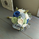 Steel Blue, Sage, Dusty Blue, and Ivory Bouquet with Baby's Breath and Greenery