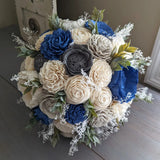 Steel Blue, Charcoal, Light Gray, and Ivory Bouquet with Baby's Breath and Greenery