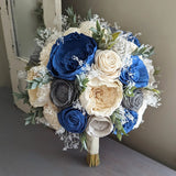 Steel Blue, Charcoal, Light Gray, and Ivory Bouquet with Baby's Breath and Greenery