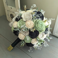 Sage, Black, Light Gray, and Ivory Bouquet with Baby's Breath and Greenery