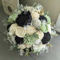 Sage, Black, Light Gray, and Ivory Bouquet with Baby's Breath and Greenery