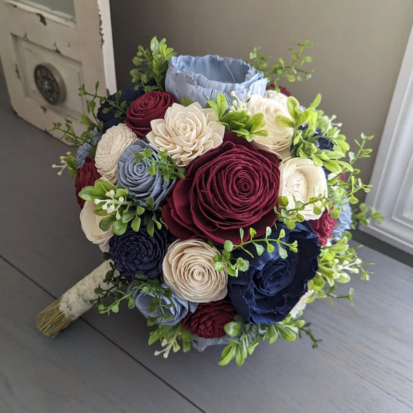 Dusty Blue, Burgundy, Navy, and Ivory Bouquet with Mixed Greenery