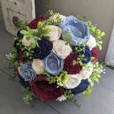 Dusty Blue, Burgundy, Navy, and Ivory Bouquet with Mixed Greenery