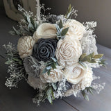 Charcoal, Light Gray, and Ivory Bouquet with Baby's Breath and Greenery