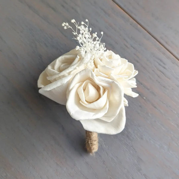 Boutonniere with Three Ivory Roses and Baby's Breath Filler to Match Your Bouquet