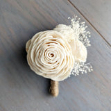 Boutonniere with Three Sola Wood Flowers and Baby's Breath Filler to Match Your Bouquet