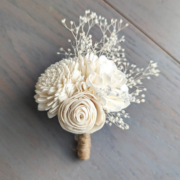 Boutonniere with Three Sola Wood Flowers and Baby's Breath Filler to Match Your Bouquet